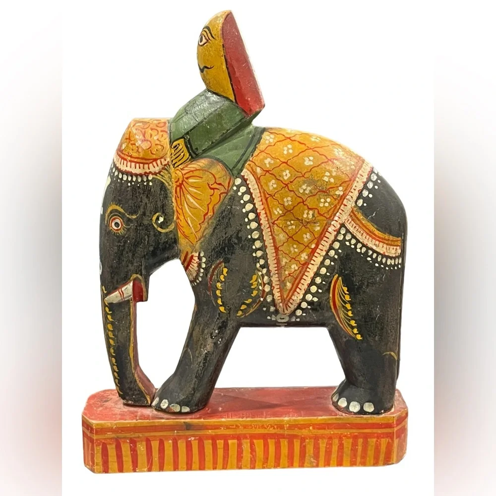 VINTAGE HANDMADE HANDPAINTED INDIAN ELEPHANT FIGURINE WITH RIDER - Picture 2 of 5